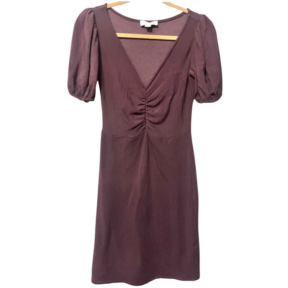Amour Vert Ruched Midi Dress XS Burgundy Puff Sleeve USA Modal Organic Cotton XS